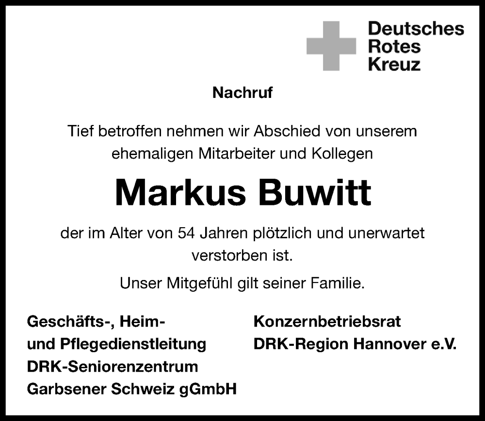 Traueranzeige für Markus Buwitt vom 25.02.2023 aus Hannoversche Allgemeine Zeitung/Neue Presse