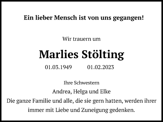 Traueranzeige von Marlies Stölting von Kieler Nachrichten