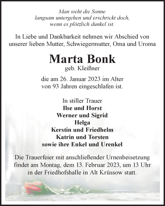 Traueranzeige von Marta Bonk von Märkischen Allgemeine Zeitung