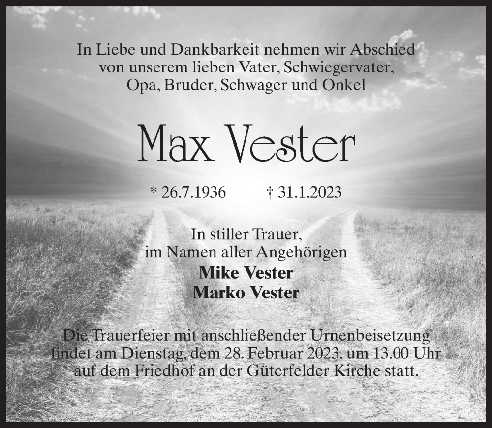  Traueranzeige für Max Vester vom 18.02.2023 aus Märkischen Allgemeine Zeitung