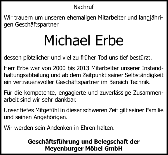 Traueranzeige von Michael Erbe von Märkischen Allgemeine Zeitung