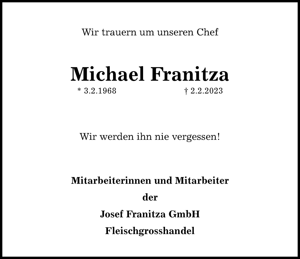  Traueranzeige für Michael Franitza vom 11.02.2023 aus Hannoversche Allgemeine Zeitung/Neue Presse