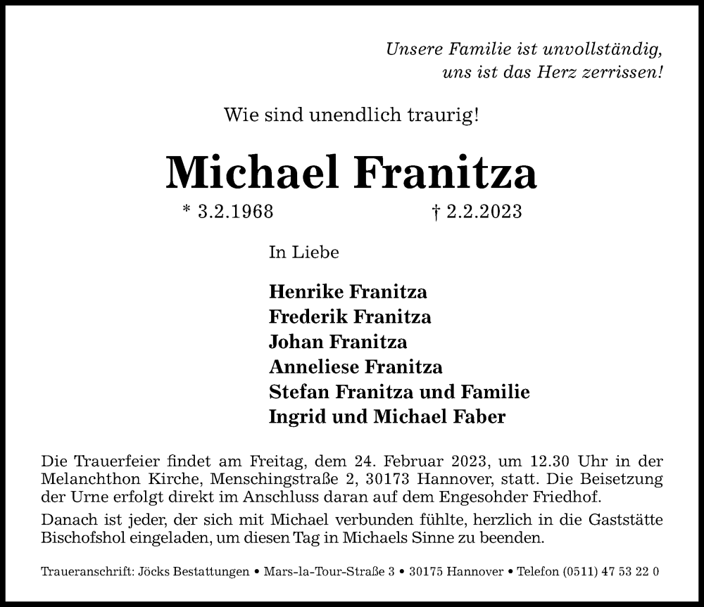 Traueranzeigen von Michael Franitza | trauer-anzeigen.de