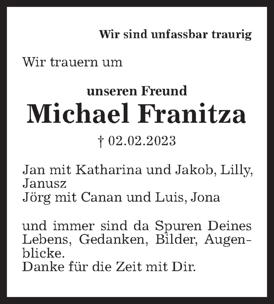  Traueranzeige für Michael Franitza vom 11.02.2023 aus Hannoversche Allgemeine Zeitung/Neue Presse