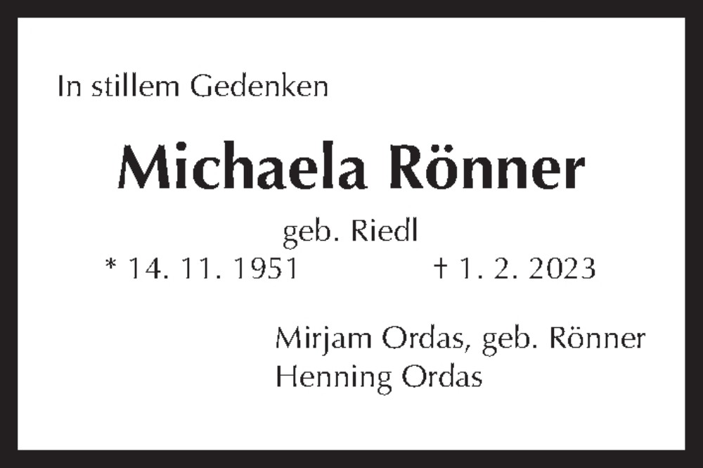  Traueranzeige für Michaela Rönner vom 04.02.2023 aus Hannoversche Allgemeine Zeitung/Neue Presse
