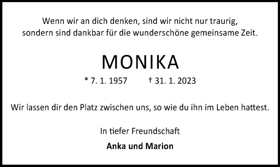 Traueranzeige von Monika  von Hannoversche Allgemeine Zeitung/Neue Presse