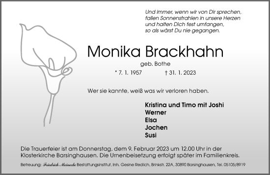 Traueranzeige von Monika Brackhahn von Hannoversche Allgemeine Zeitung/Neue Presse