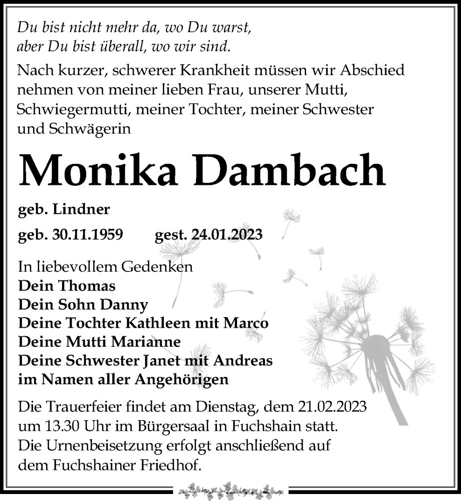  Traueranzeige für Monika Dambach vom 04.02.2023 aus Leipziger Volkszeitung