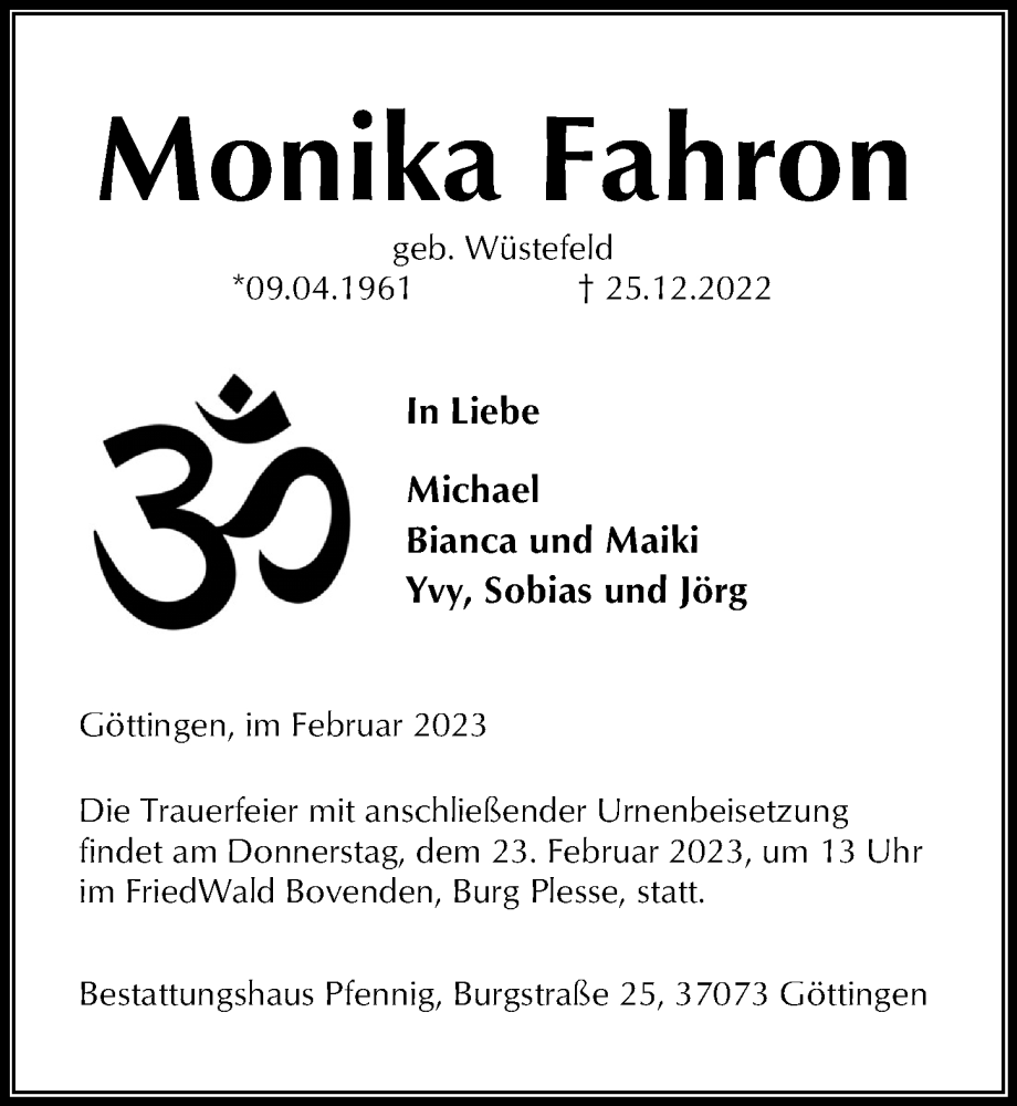  Traueranzeige für Monika Fahron vom 11.02.2023 aus Göttinger Tageblatt