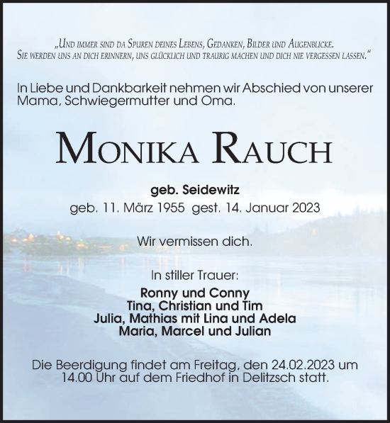 Traueranzeige von Monika Rauch von Leipziger Volkszeitung