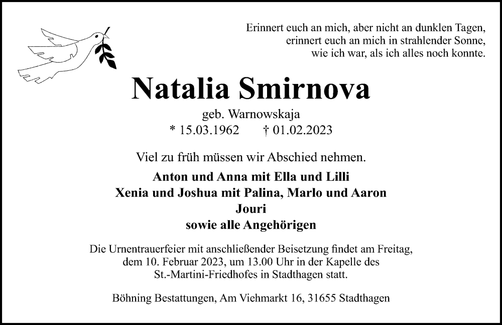  Traueranzeige für Natalia Smirnova vom 07.02.2023 aus Schaumburger Nachrichten