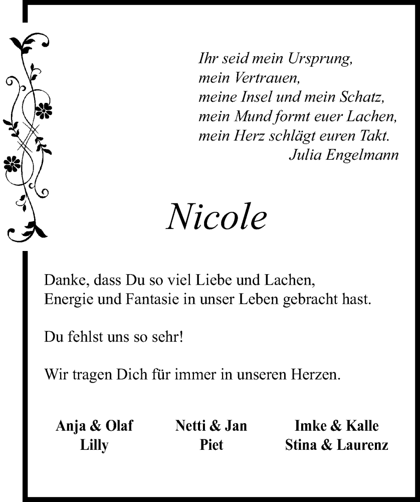  Traueranzeige für Nicole  vom 04.02.2023 aus Kieler Nachrichten