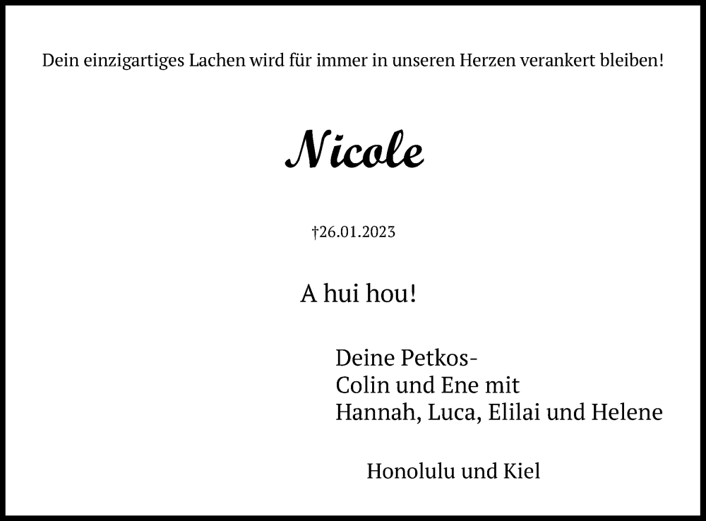  Traueranzeige für Nicole  vom 07.02.2023 aus Kieler Nachrichten