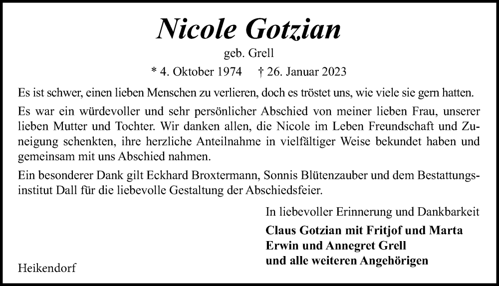  Traueranzeige für Nicole Gotzian vom 25.02.2023 aus Kieler Nachrichten
