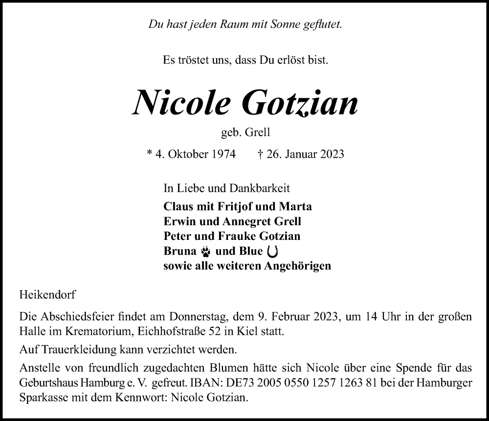  Traueranzeige für Nicole Gotzian vom 04.02.2023 aus Kieler Nachrichten
