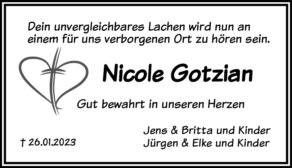  Traueranzeige für Nicole Gotzian vom 04.02.2023 aus Kieler Nachrichten