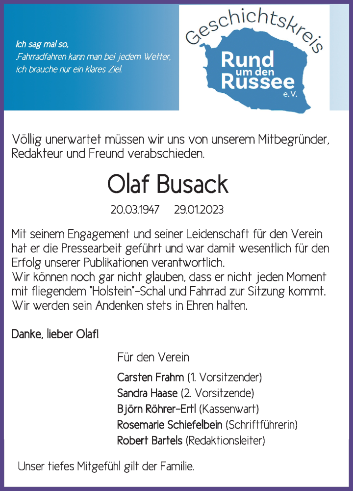  Traueranzeige für Olaf Busack vom 04.02.2023 aus Kieler Nachrichten