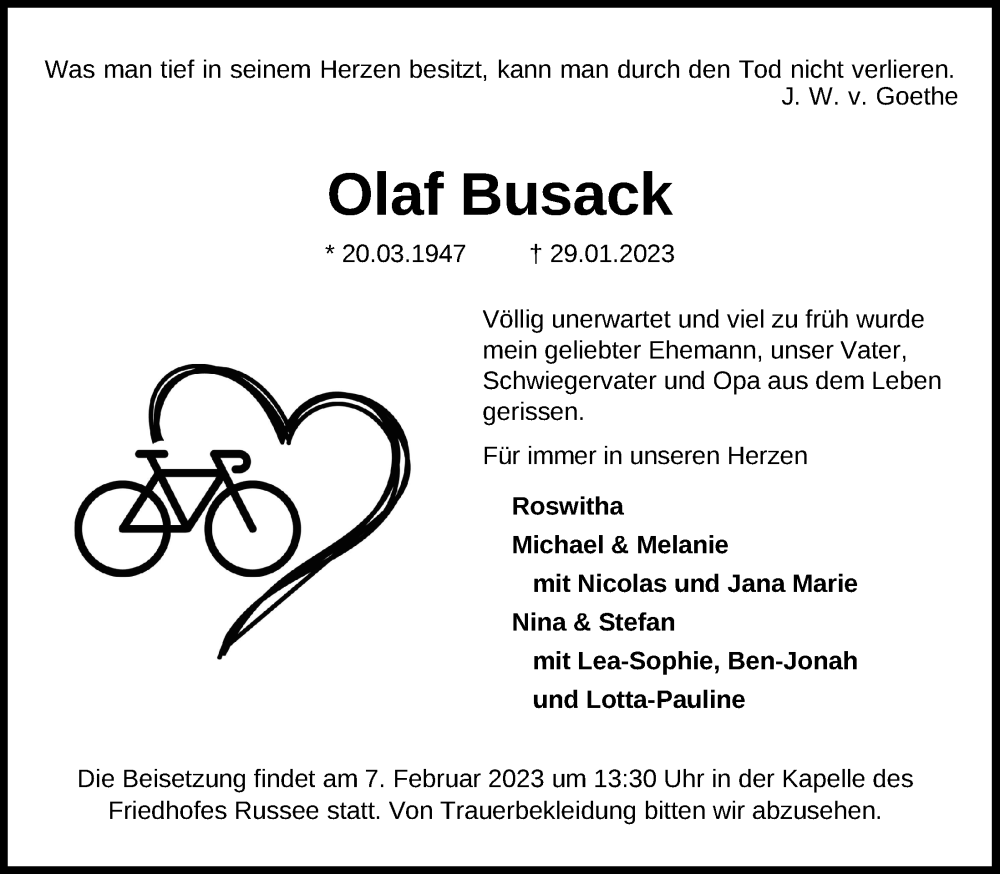  Traueranzeige für Olaf Busack vom 04.02.2023 aus Kieler Nachrichten