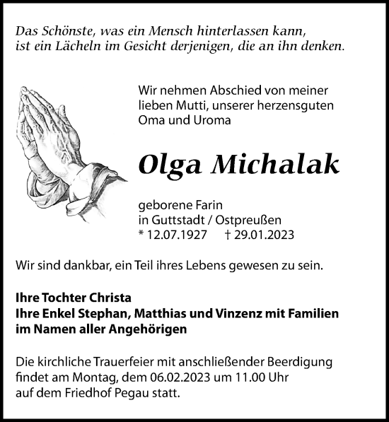 Traueranzeige von Olga Michalak von Leipziger Volkszeitung