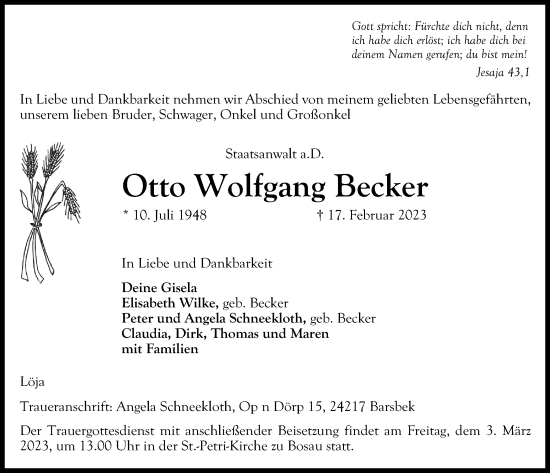 Traueranzeige von Otto Wolfgang Becker von Kieler Nachrichten