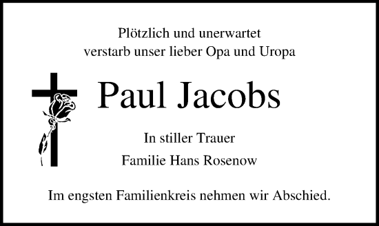 Traueranzeige von Paul Jacobs von Ostsee-Zeitung GmbH
