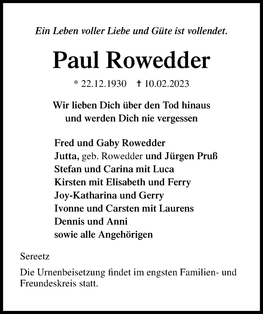  Traueranzeige für Paul Rowedder vom 19.02.2023 aus Lübecker Nachrichten
