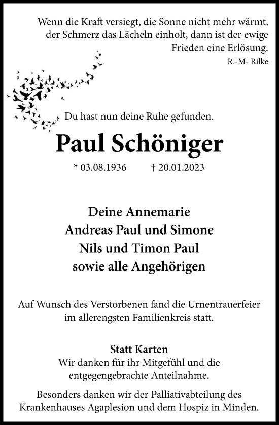 Traueranzeige von Paul Schöniger von Schaumburger Nachrichten