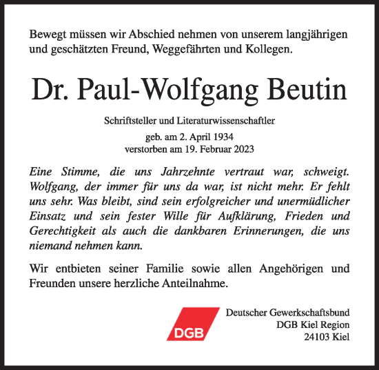 Traueranzeige von Paul-Wolfgang Beutin von Kieler Nachrichten