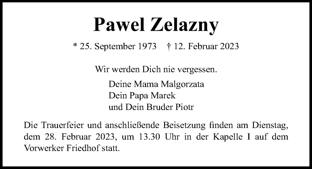  Traueranzeige für Pawel Zelazny vom 19.02.2023 aus Lübecker Nachrichten