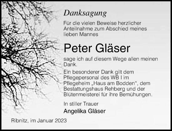 Traueranzeige von Peter Gläser von Ostsee-Zeitung GmbH