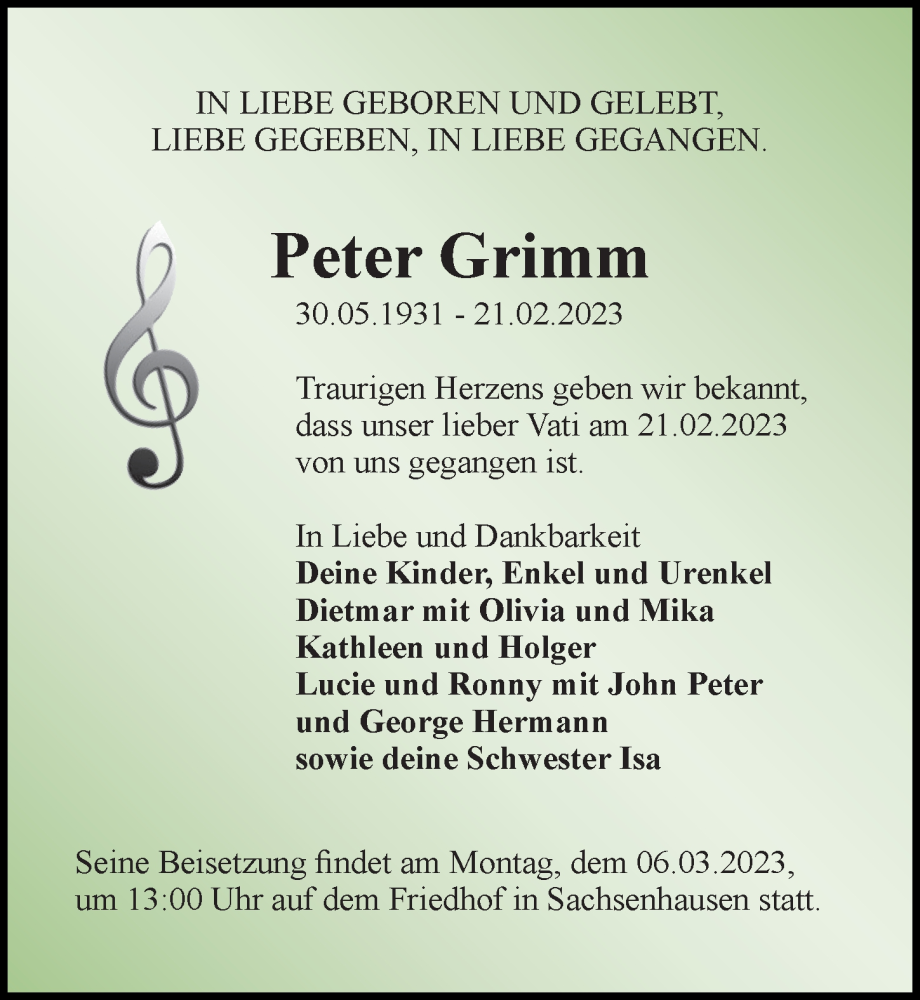  Traueranzeige für Peter Grimm vom 28.02.2023 aus Märkischen Allgemeine Zeitung