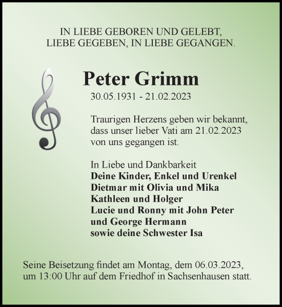 Traueranzeige von Peter Grimm von Märkischen Allgemeine Zeitung