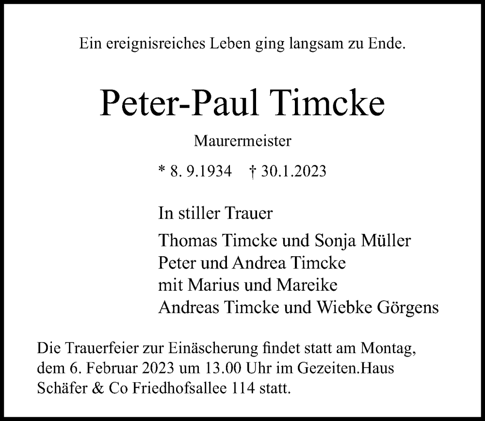  Traueranzeige für Peter-Paul Timcke vom 05.02.2023 aus Lübecker Nachrichten