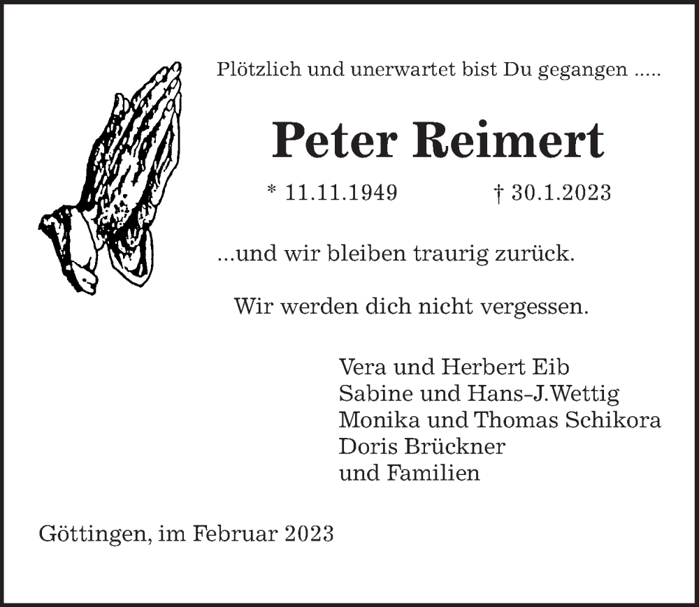  Traueranzeige für Peter Reimert vom 04.02.2023 aus Göttinger Tageblatt