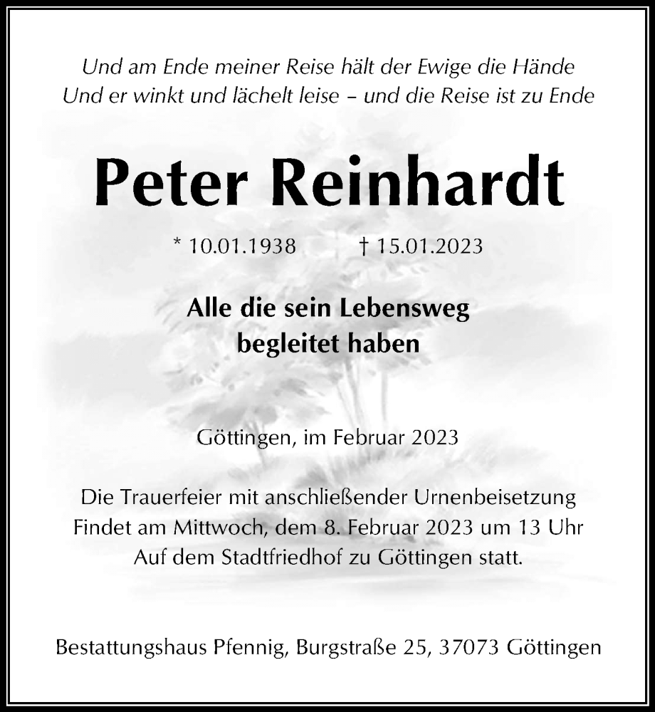  Traueranzeige für Peter Reinhardt vom 04.02.2023 aus Göttinger Tageblatt