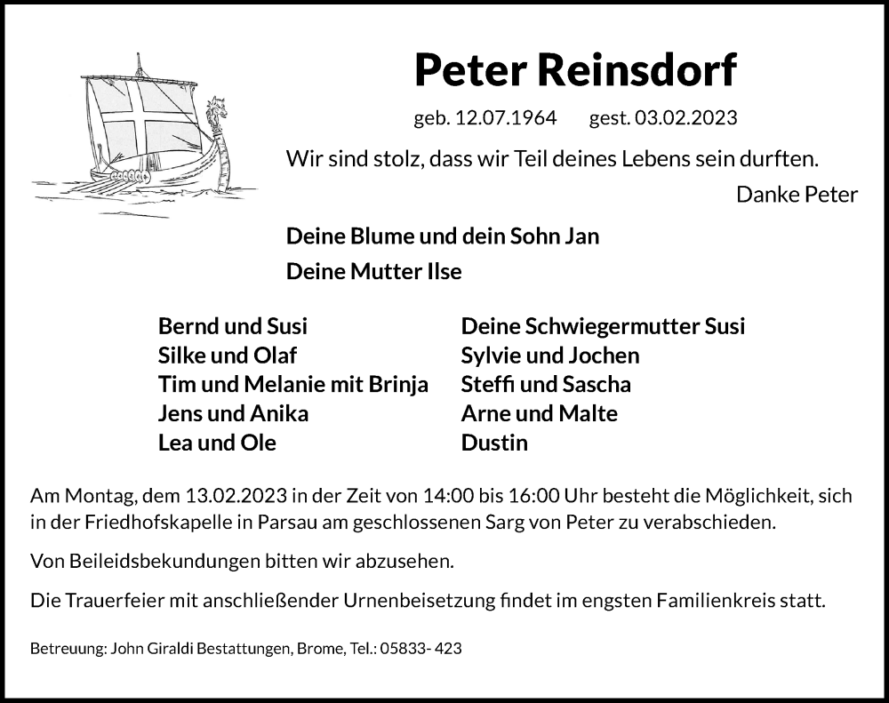  Traueranzeige für Peter Reinsdorf vom 09.02.2023 aus Aller Zeitung