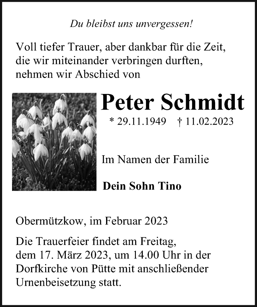  Traueranzeige für Peter Schmidt vom 18.02.2023 aus Ostsee-Zeitung GmbH