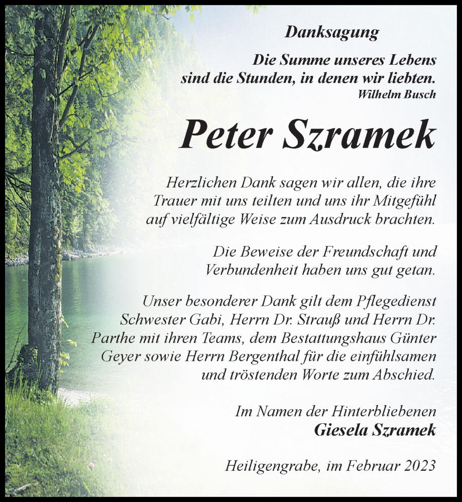  Traueranzeige für Peter Szramek vom 11.02.2023 aus Märkischen Allgemeine Zeitung