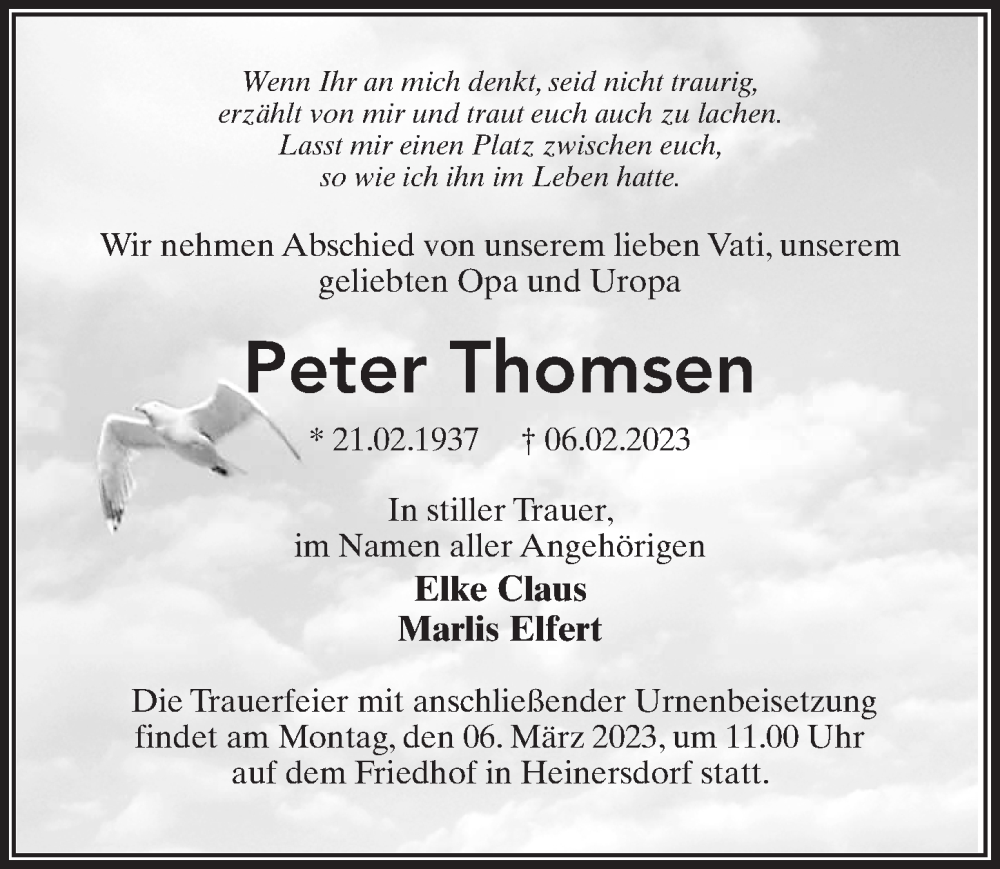  Traueranzeige für Peter Thomsen vom 25.02.2023 aus Märkischen Allgemeine Zeitung