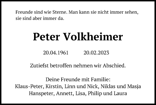 Traueranzeige von Peter Volkheimer von Kieler Nachrichten