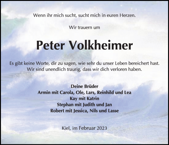 Traueranzeige von Peter Volkheimer von Kieler Nachrichten