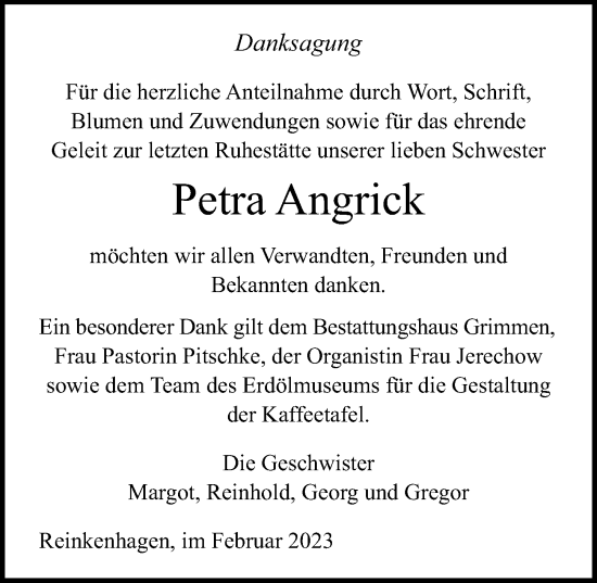 Traueranzeige von Petra Angrick von Ostsee-Zeitung GmbH