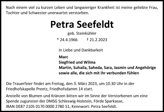 Traueranzeige von Petra Seefeldt von Kieler Nachrichten