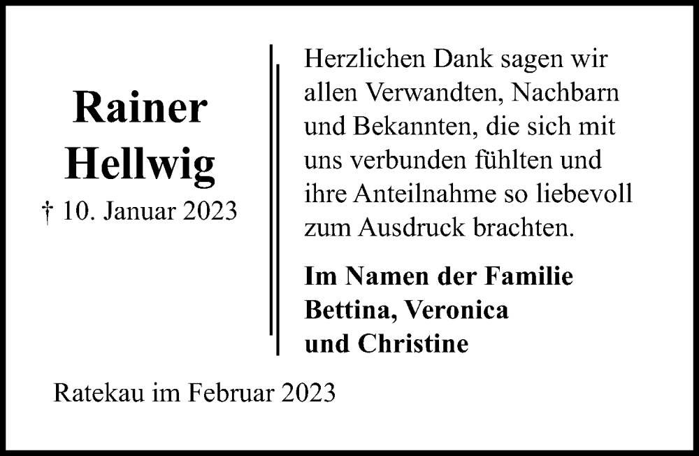  Traueranzeige für Rainer Hellwig vom 05.02.2023 aus Lübecker Nachrichten