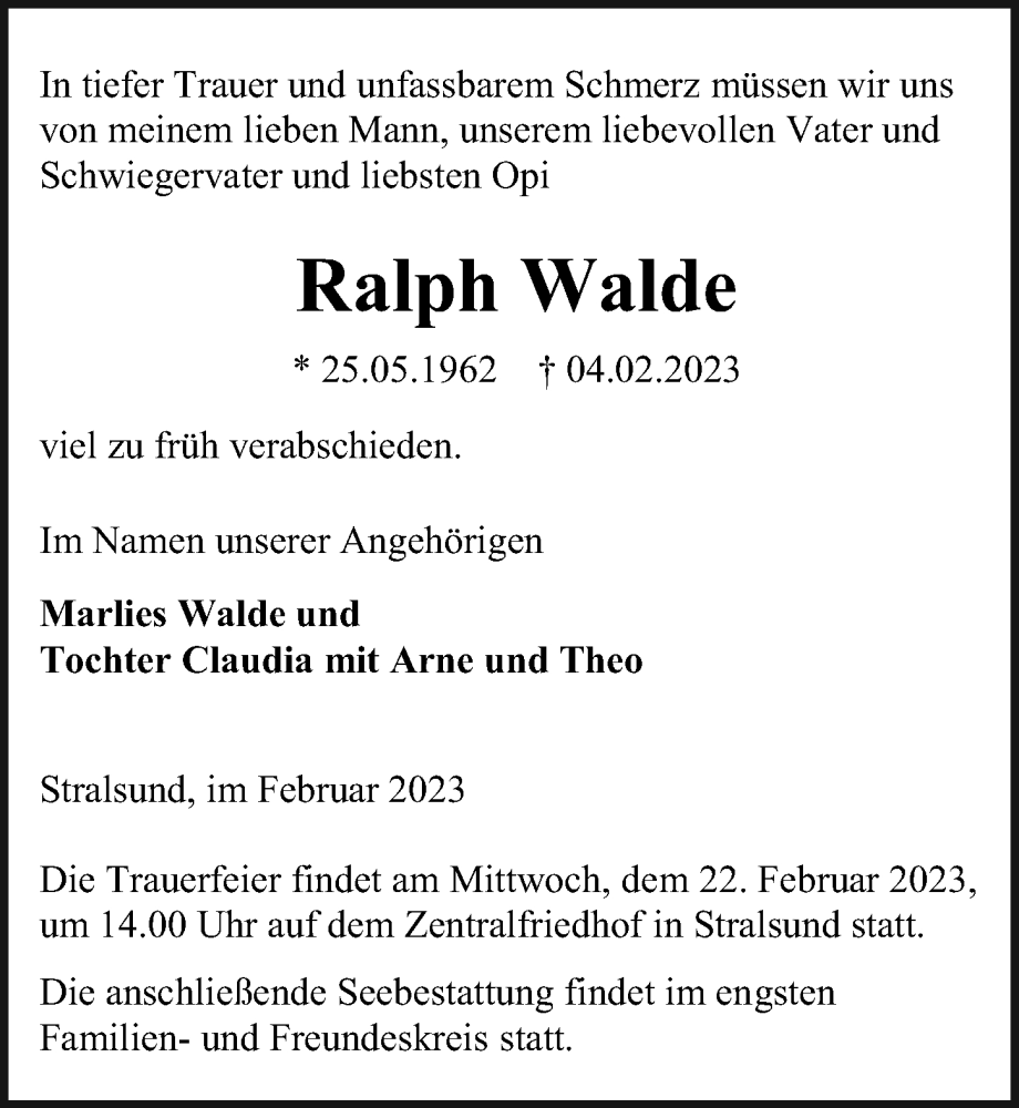  Traueranzeige für Ralph Walde vom 11.02.2023 aus Ostsee-Zeitung GmbH