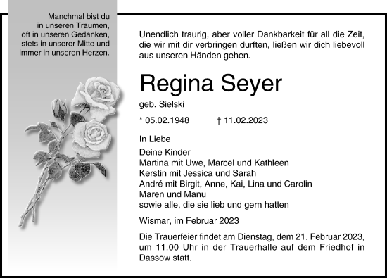 Traueranzeige von Regina Seyer von Ostsee-Zeitung GmbH
