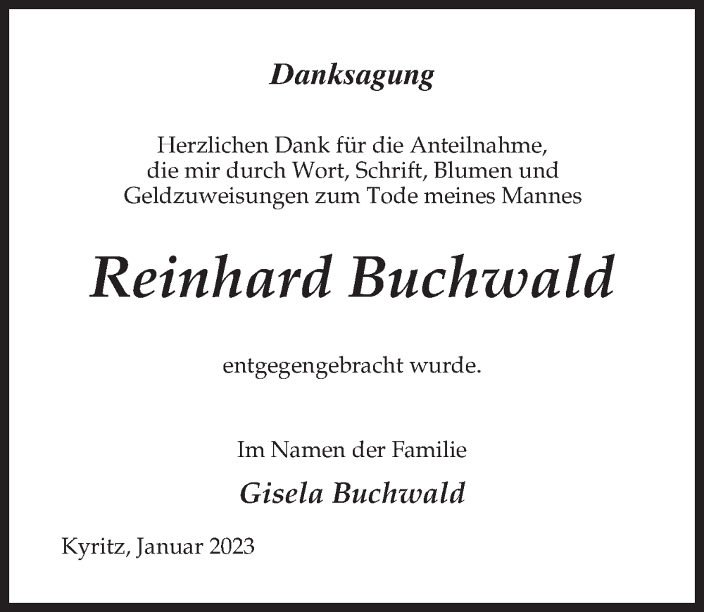  Traueranzeige für Reinhard Buchwald vom 04.02.2023 aus Märkischen Allgemeine Zeitung