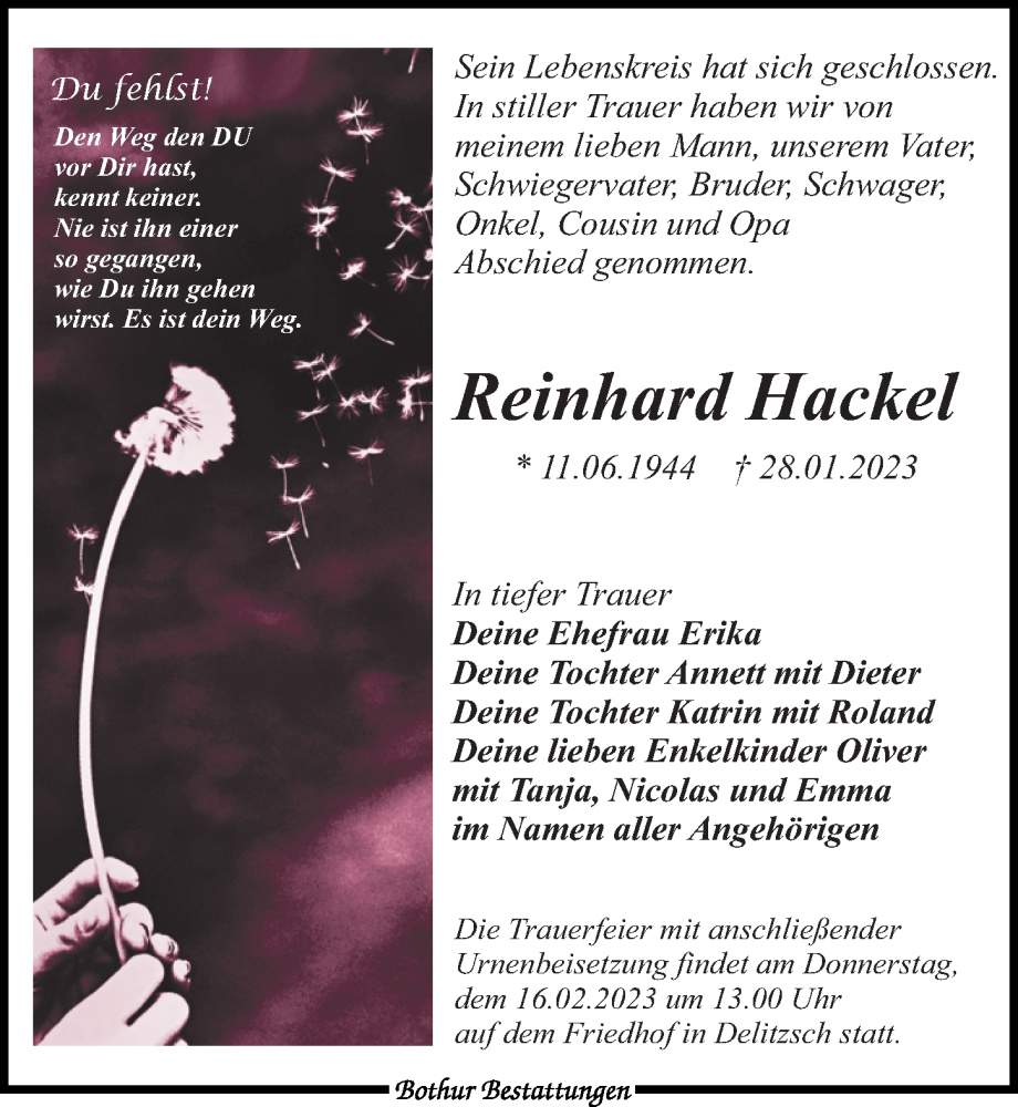 Traueranzeige für Reinhard Hackel vom 04.02.2023 aus Leipziger Volkszeitung
