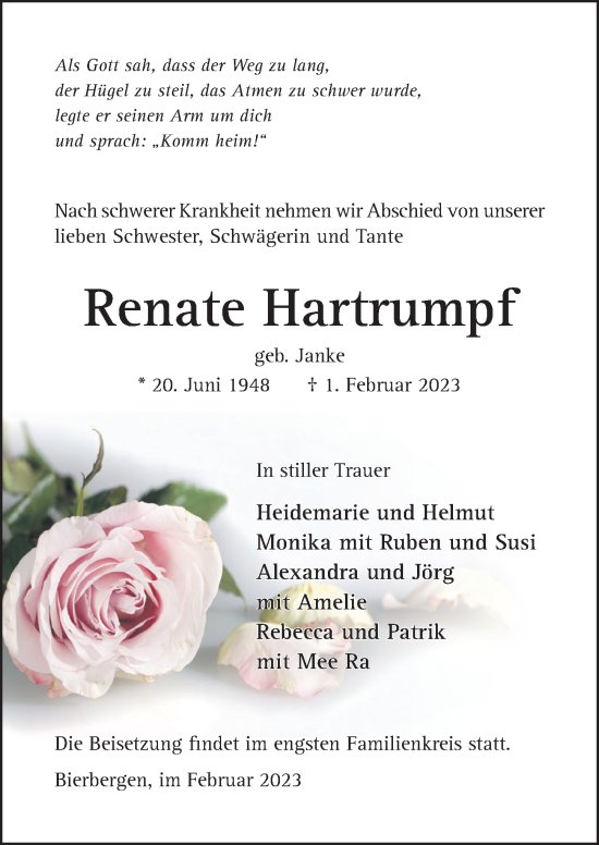 Traueranzeige von Renate Hartrumpf von Peiner Allgemeine Zeitung