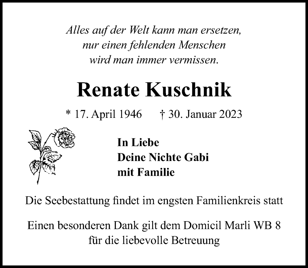  Traueranzeige für Renate Kuschnik vom 05.02.2023 aus Lübecker Nachrichten